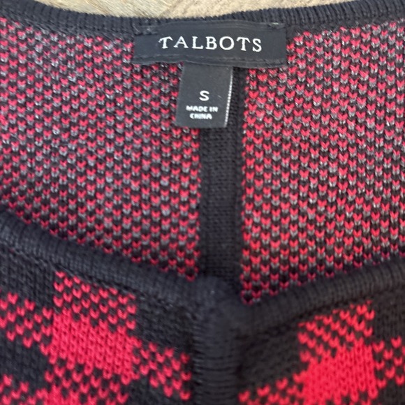 Talbots Cardigan Sweater Open Front Red Black Gray Tartan Plaid Cotton Knit - Picture 3 of 5